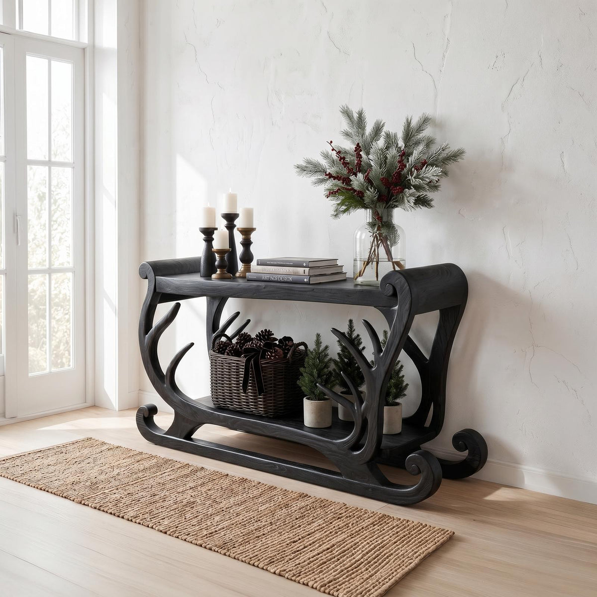 Natural Christmas Console Table With Reindeer Sleigh Design For Entryway SINLSACS686