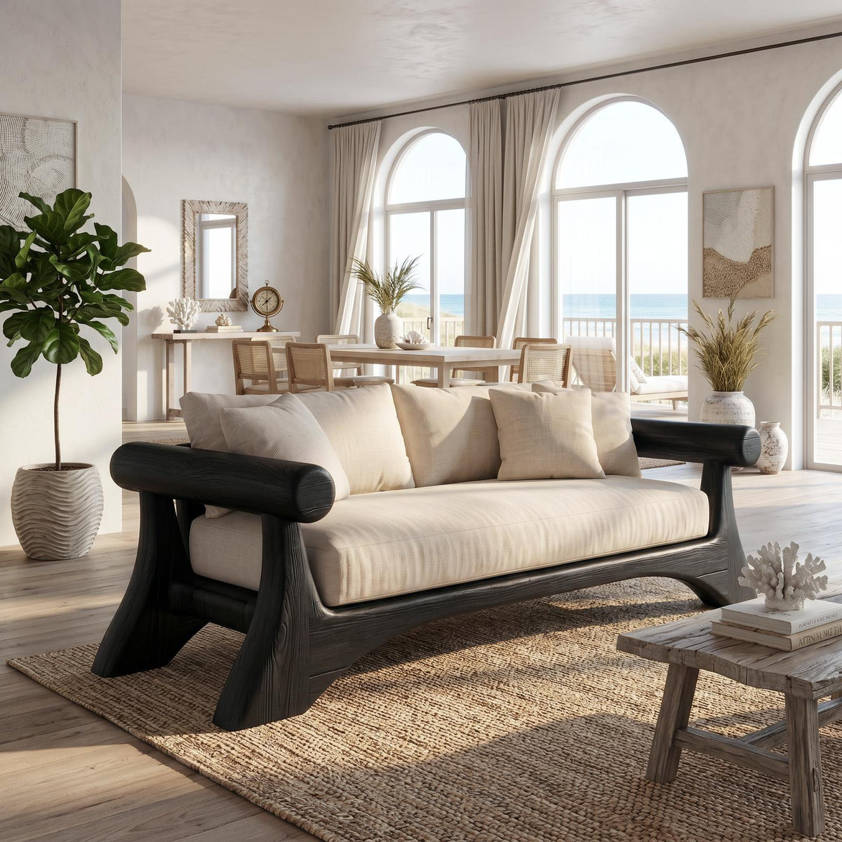 Minimalist Sofa Frame With Curved Solid Wood Arms For Living Room