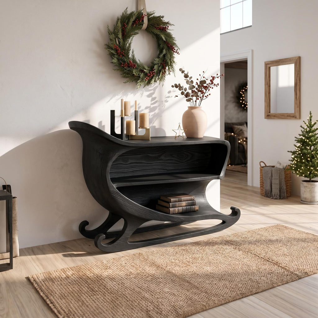 Farmhouse Christmas Console Table With Sleigh Inspired Scroll Design For Entryway And Living Room