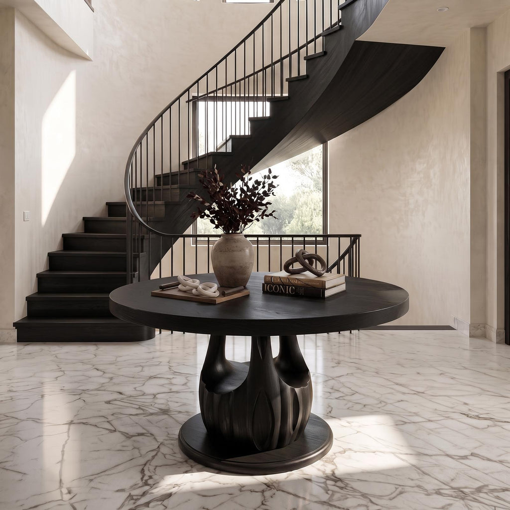 Modern Round Entryway Foyer Table, Solid Wood Unique Sculptural Base Accent Table for Hallway