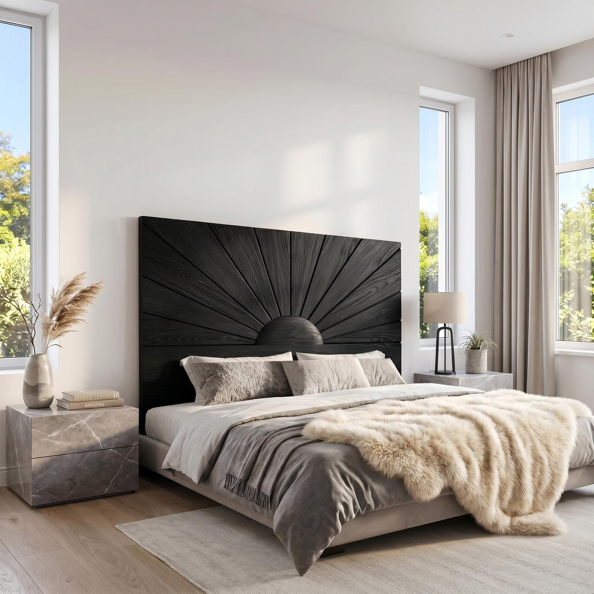 Organic Sunburst Headboard Solid Wood Bed Headboard For Bedroom SINLSAHB036