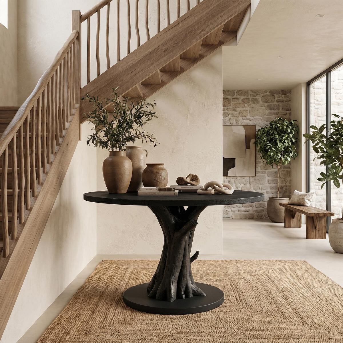 Organic Tree Base Round Entryway Table, Solid Wood Pedestal Foyer Table for Living Room, Hallway