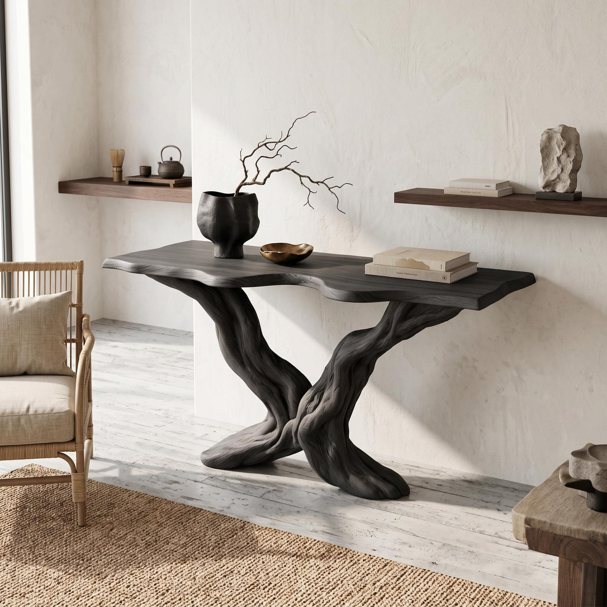 Rustic Sculptural Wood Console Table, Living Room & Entryway Handcrafted Solid Wood Accent Sofa Table, Model