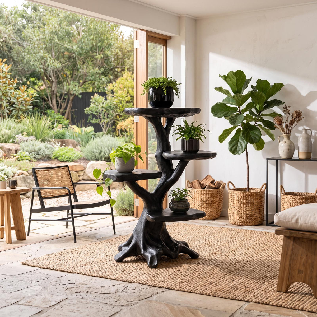 Organic Multi Tier Plant Stand With Sculptural Tree Design For Living Room And Sunroom SINLSAPT025