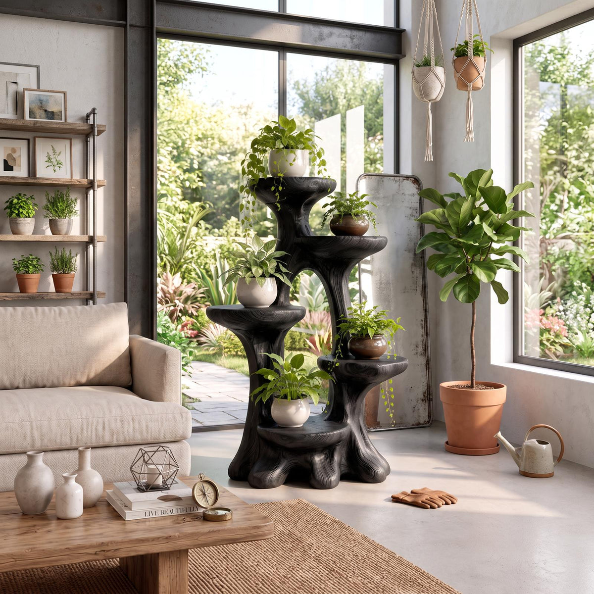 Organic Tree Plant Stand With Sculptural Tiered Design For Living Room And Sunroom SINLKIBRV334