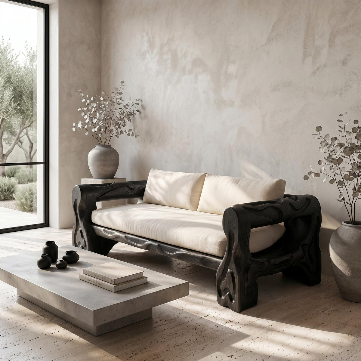 Organic Sofa Frame With Sculptural Open Loop Armrests For Living Room