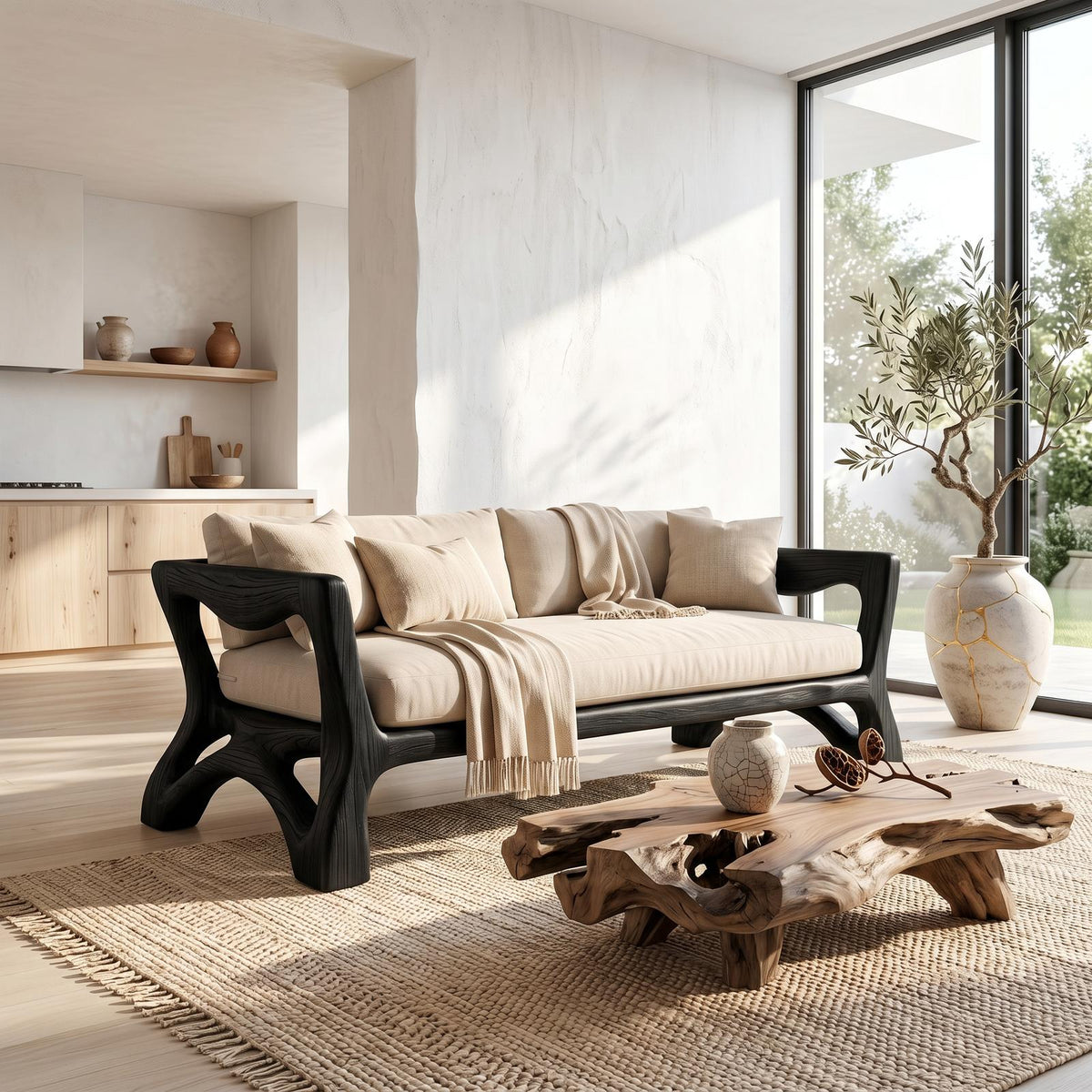 Sculptural Sofa Frame With Solid Wood Armrests For Living Room