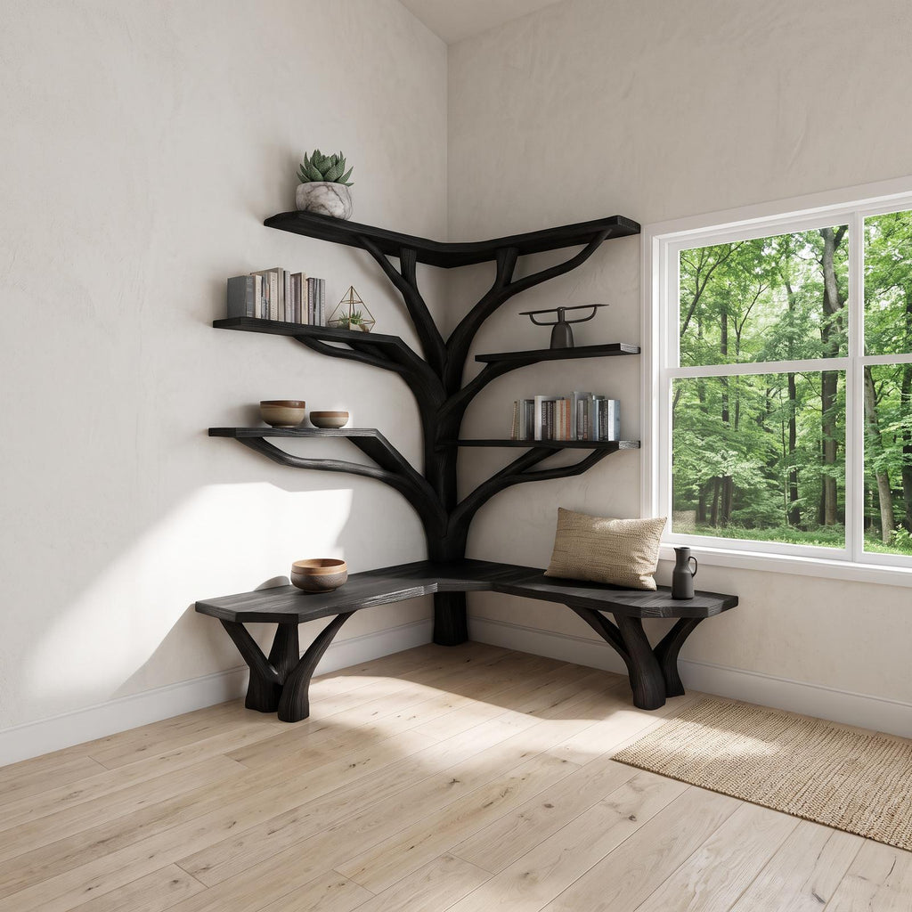 Rustic Corner Tree Shelf Reading Nook SINLSATB228