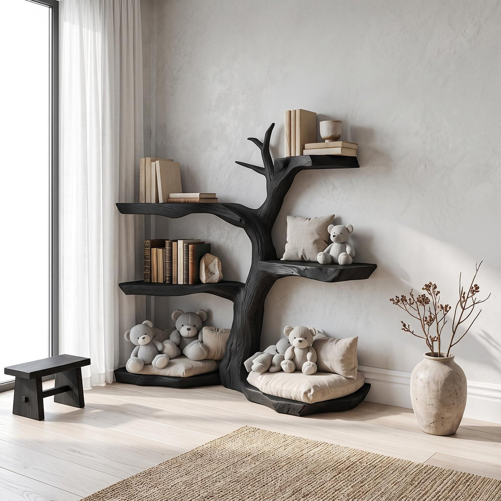 Rustic Corner Tree Bookshelf, Solid Wood Kids Bedroom Wall Hanging Bookcase & Toy Storage Organizer Shelf