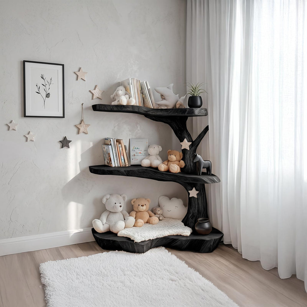 Spry Interior Rustic Corner Tree Bookshelf, Solid Wood Kids Bedroom Wall Mounted Bookcase & Floating Toy Storage Organizer Shelf - SINLSATB312