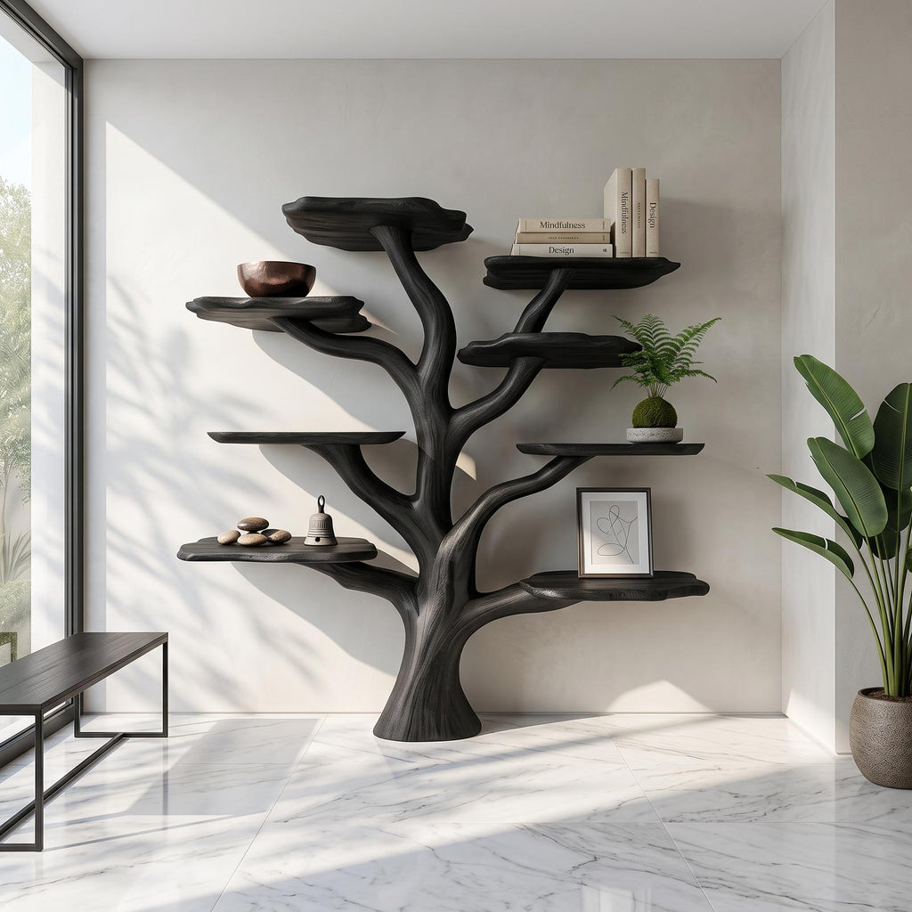 Rustic Mushroom Branch Bookshelf, Solid Wood Wall Mounted Bookcase & Floating Display Shelf for Living Room or Dining Room