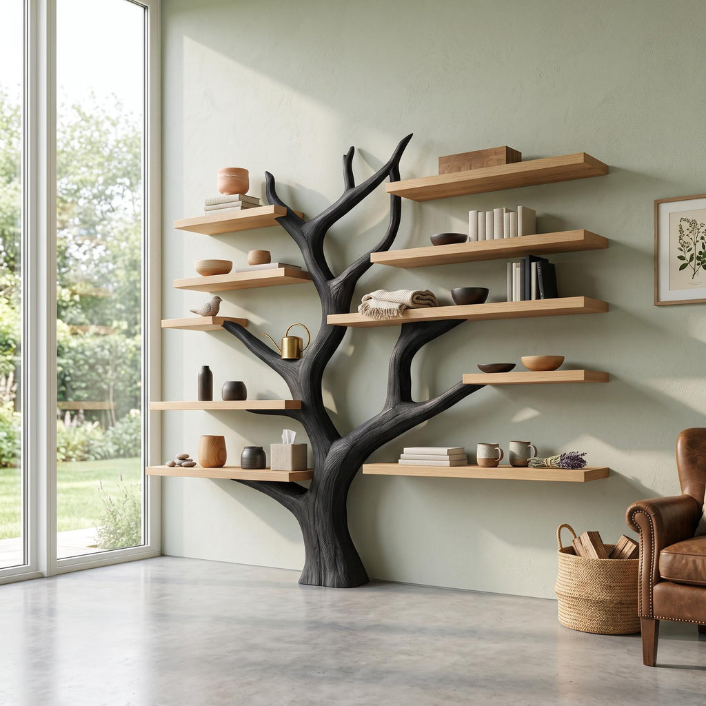 Rustic Tree Bookshelf, Solid Wood Wall Mounted Bookcase & Cozy Floating Storage Shelf for Bedroom or Living Room Decor