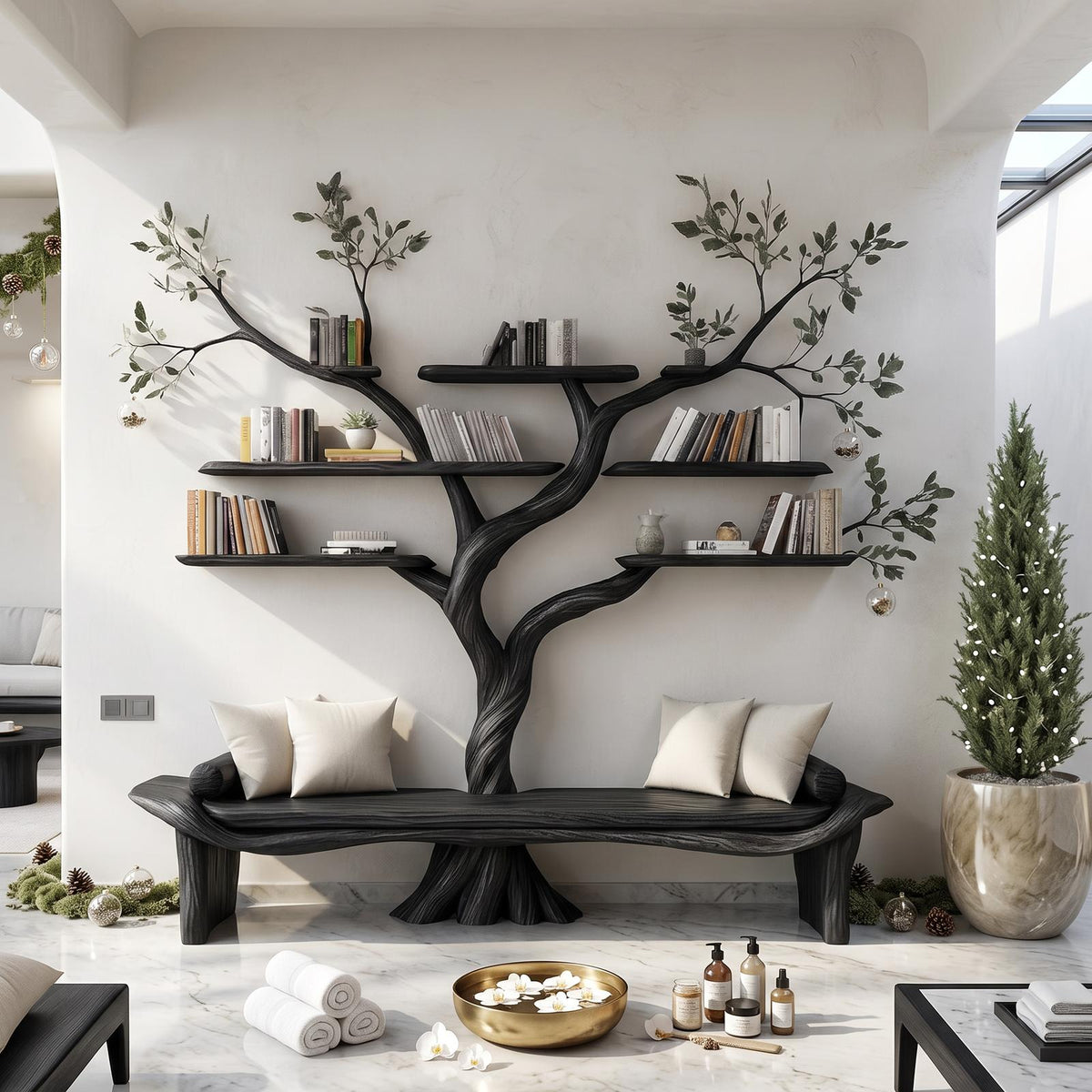 Rustic Sculptural Tree Bookshelf Bench Living Room Interior Statement Furniture