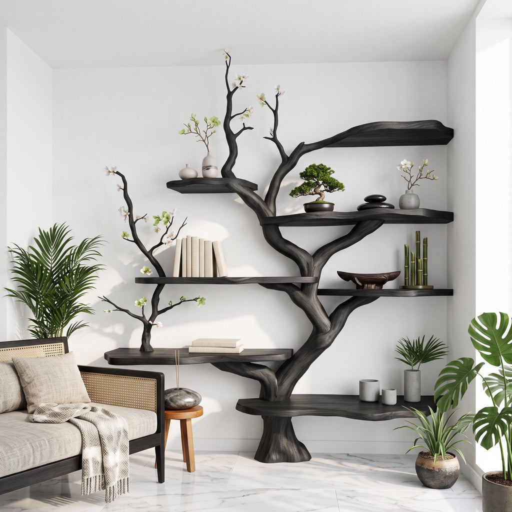 Sculptural Branch Bookcase, Solid Wood Tree Display Shelf for Living Room Interior Alcove Wall Decor
