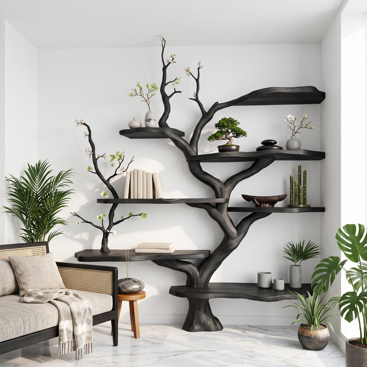 Sculptural Branch Bookcase, Solid Wood Tree Display Shelf for Living Room Interior Alcove Wall Decor