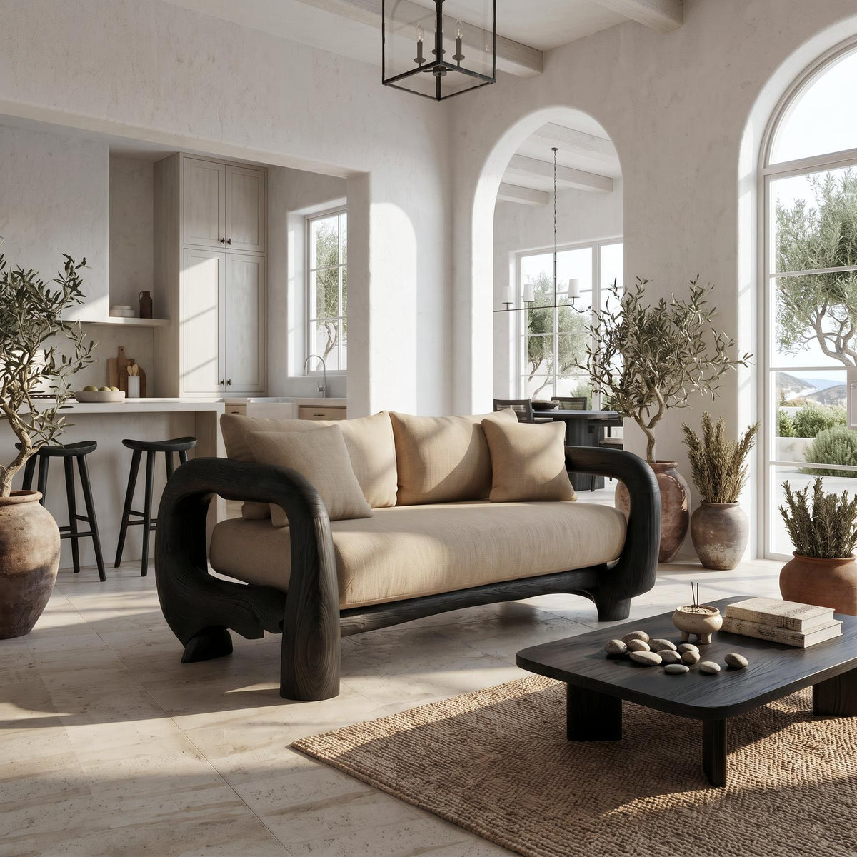 Contemporary Lounge Sofa Frame With Sculptural Wooden Base For Living Room