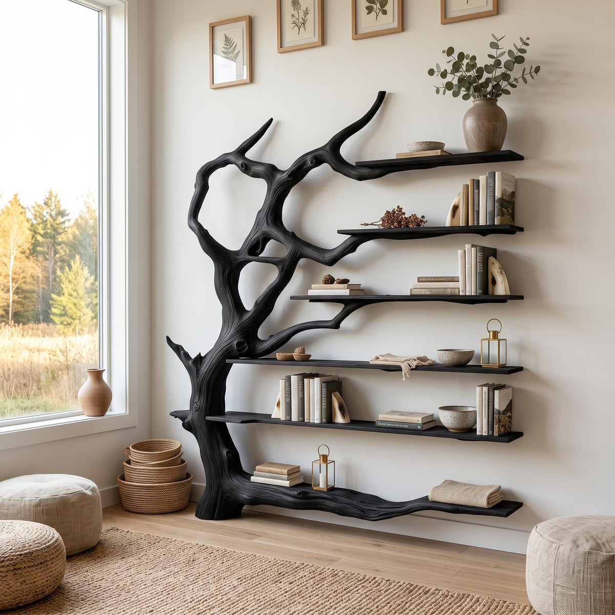 Wall Mounted Rustic Tree Bookcase Floating Shelf For Living Room Decor & Gift