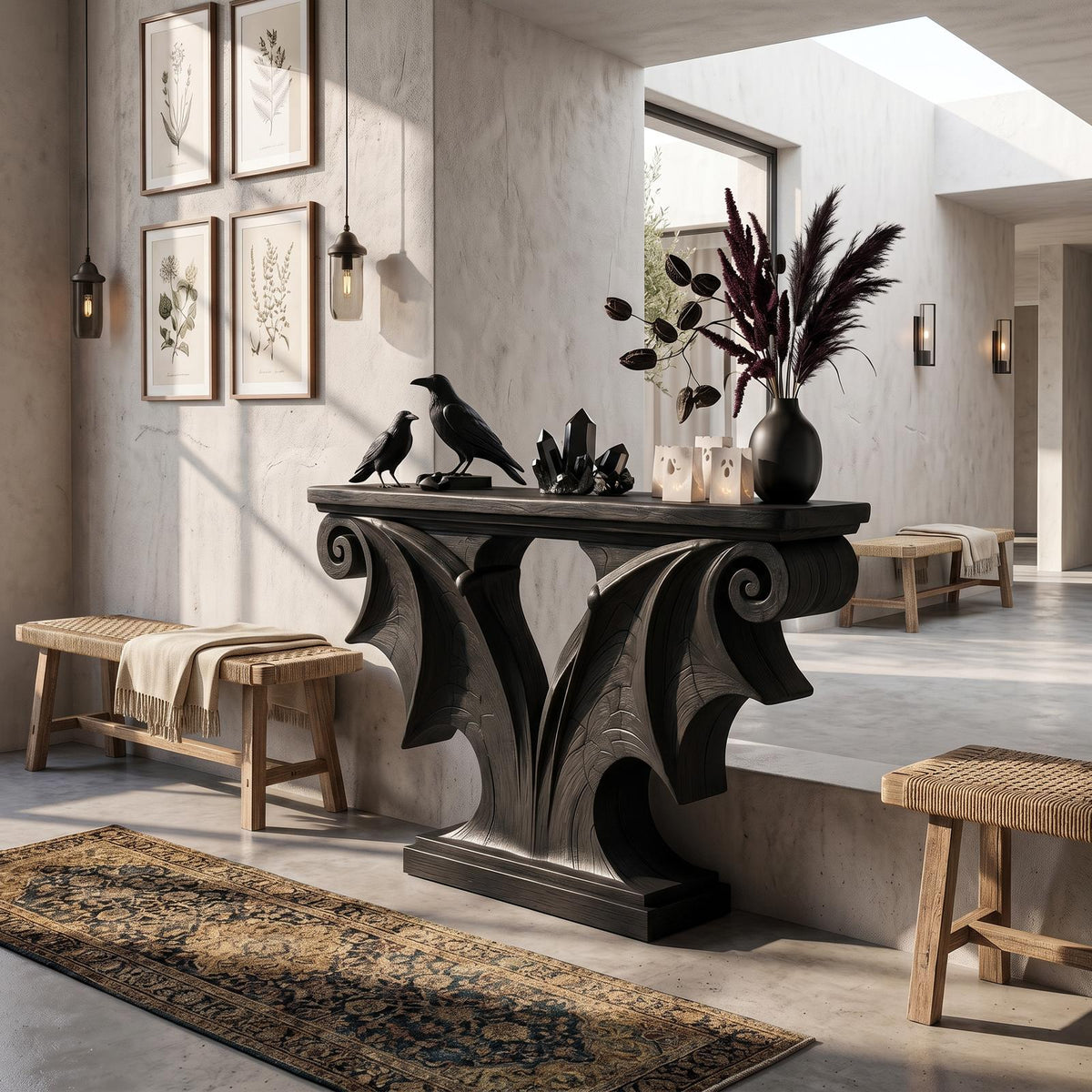 Rustic Halloween Console Table With Sculptural Bat Wing Design For Entryway And Living Room