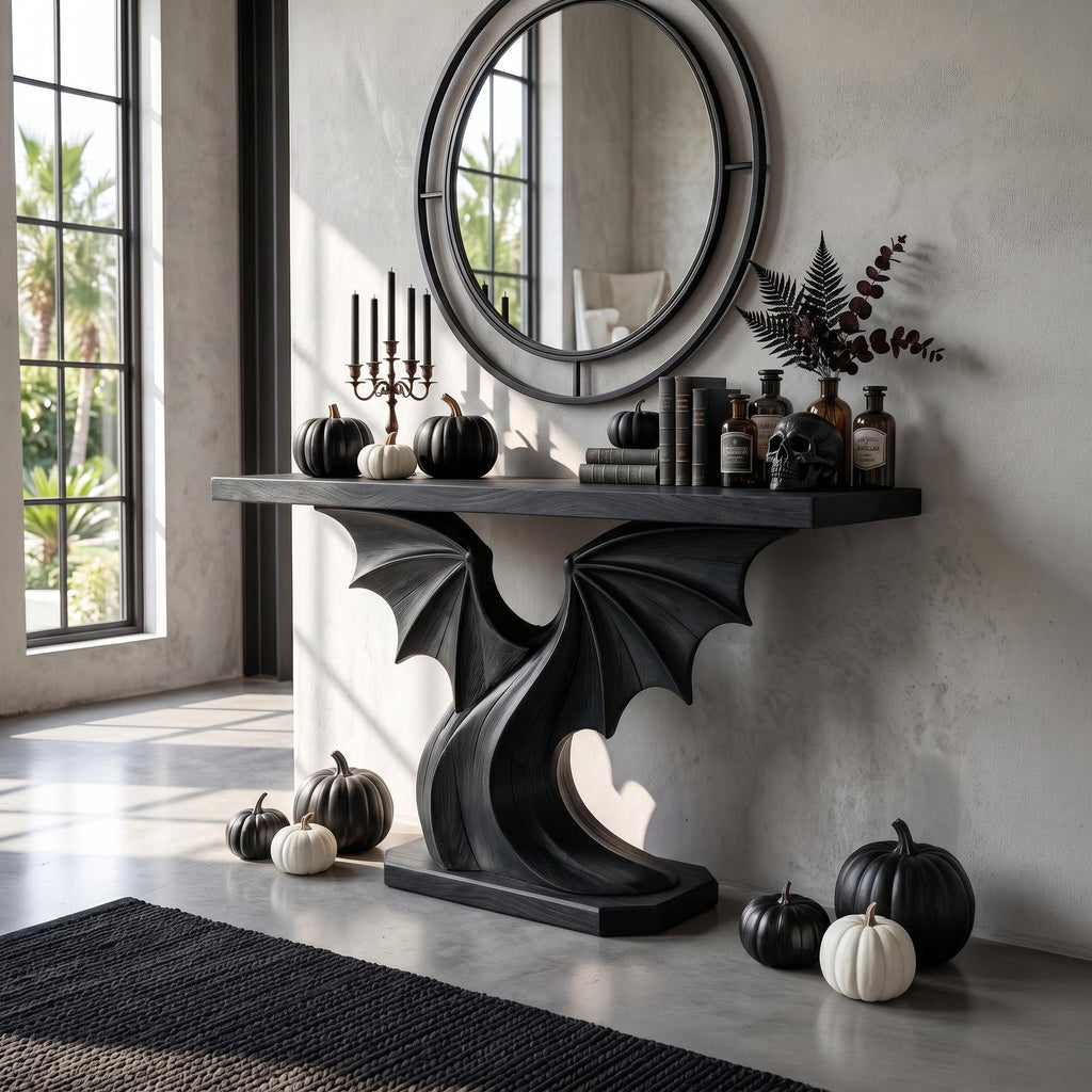 Contemporary Halloween Console Table With Sculptural Bat Wing Design For Entryway And Hallway