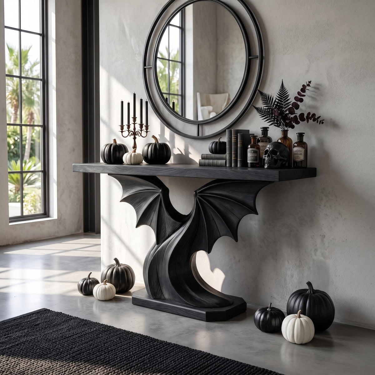 Contemporary Halloween Console Table With Sculptural Bat Wing Design For Entryway And Hallway