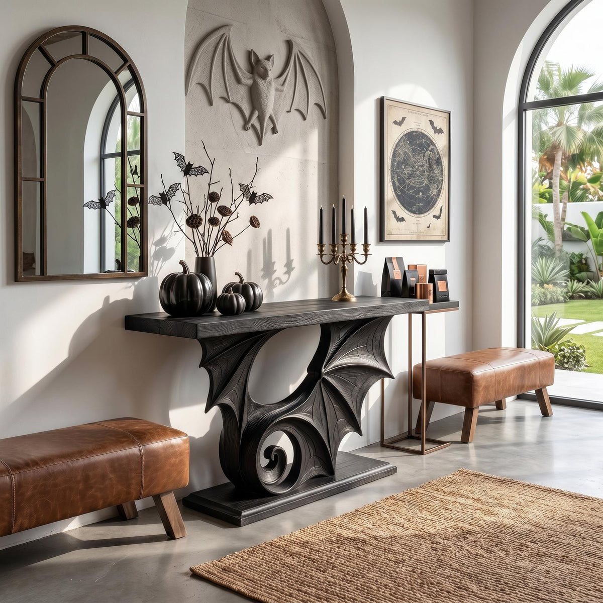 Gothic Halloween Console Table With Sculptural Bat Design For Entryway And Hallway