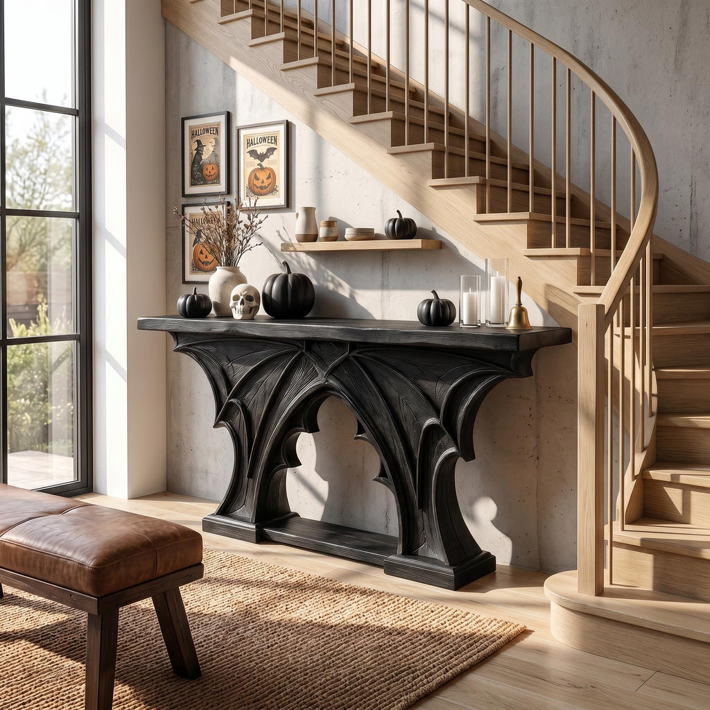 Rustic Halloween Console Table With Bat Wing Inspired Design For Hallway