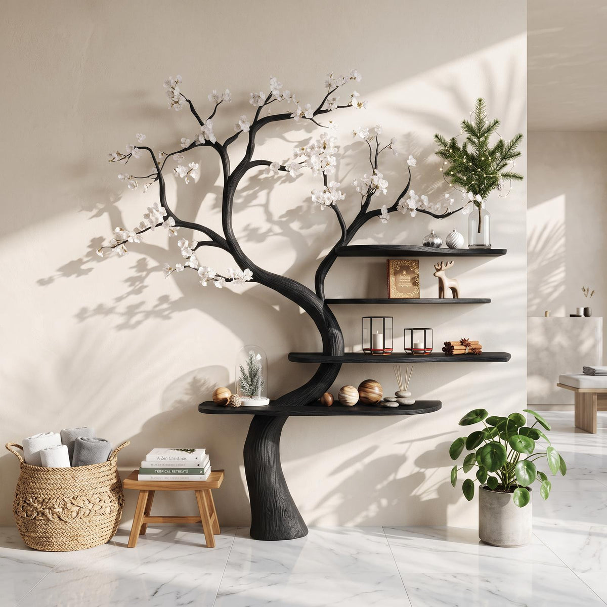 Rustic Natural Tree Bookshelf, Handcrafted Solid Wood Branch Shelving Unit, Artistic Decorative Storage for Living Room