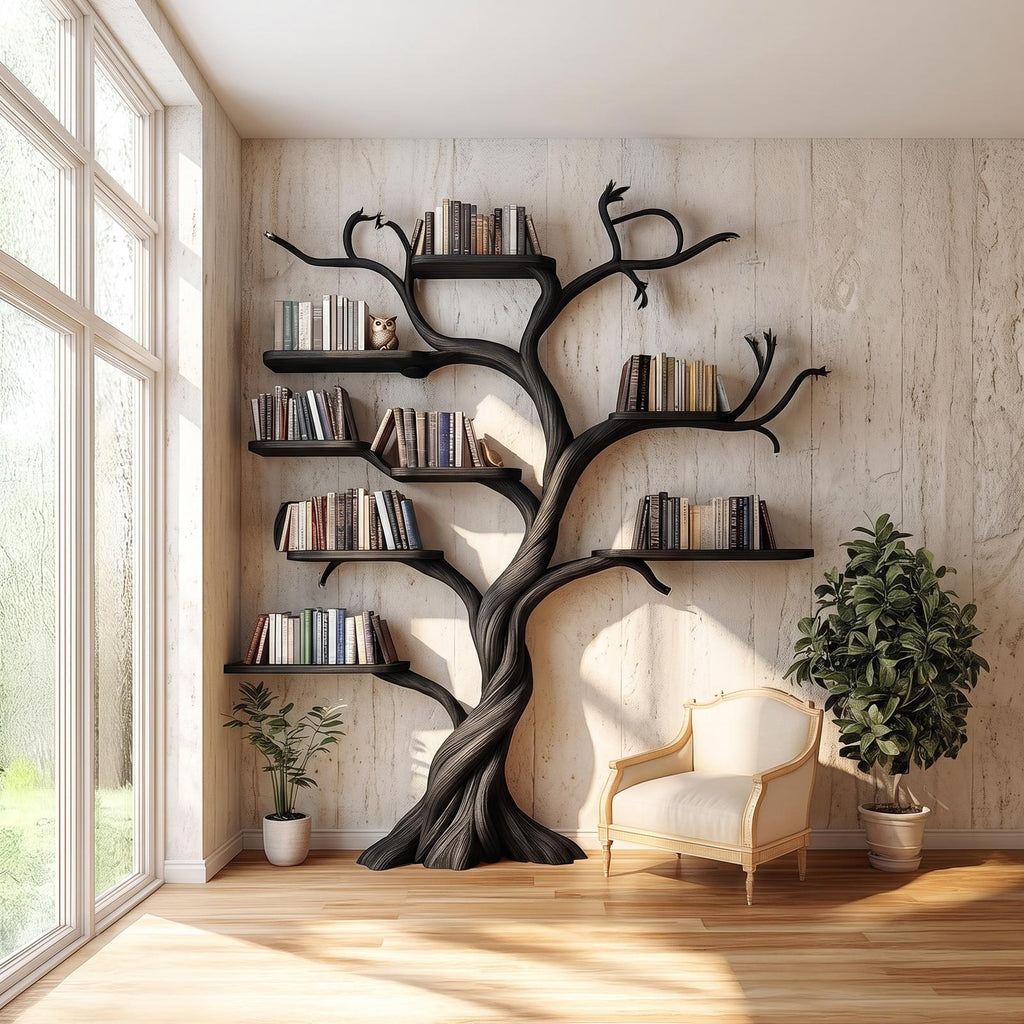 Rustic Tree Bookshelf, Solid Wood Wall Mounted Bookcase & Artistic Hanging Display Organizer for Modern Living Room