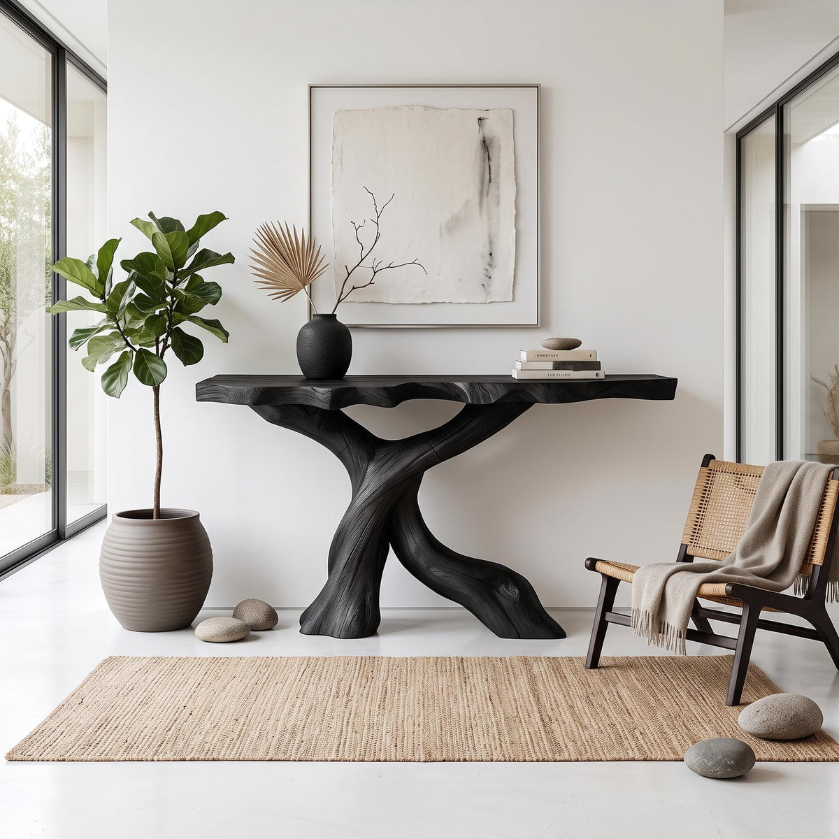 Mid Century Modern Console Table, Carved Solid Wood X-Base, Handcrafted Entryway & Foyer Accent Table