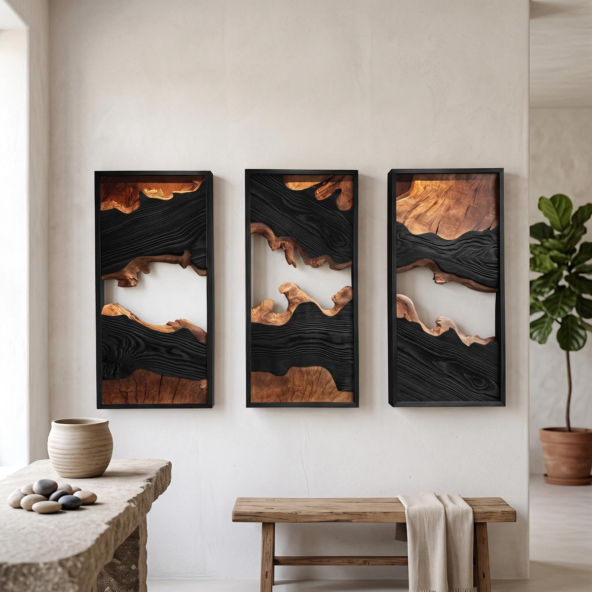 Spry Interior Modern Solid Wood Wall Art Set, Abstract Geometric Landscape Wooden Panels, Rustic Wall Hanging Decor for Living Room SINLSAWD002