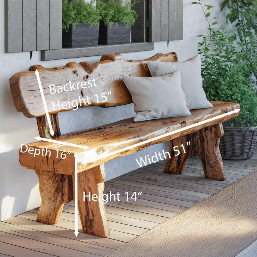 Rustic Live Edge Outdoor Wooden Bench With Backrest For Porch Or Garden