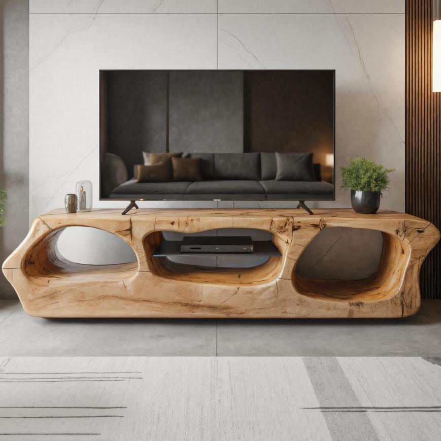 Modern Sculpted Solid Wood TV Stand, Organic Openings Media Console Cabinet, Artistic Entertainment Center