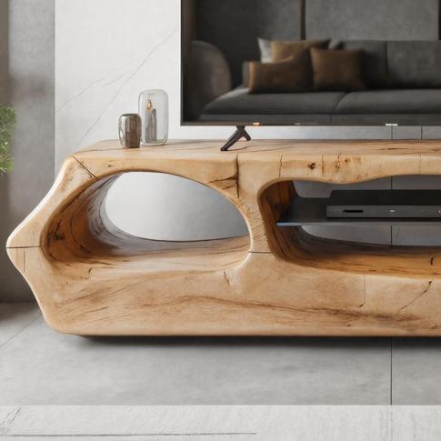 Modern Sculpted Solid Wood TV Stand, Organic Openings Media Console Cabinet, Artistic Entertainment Center