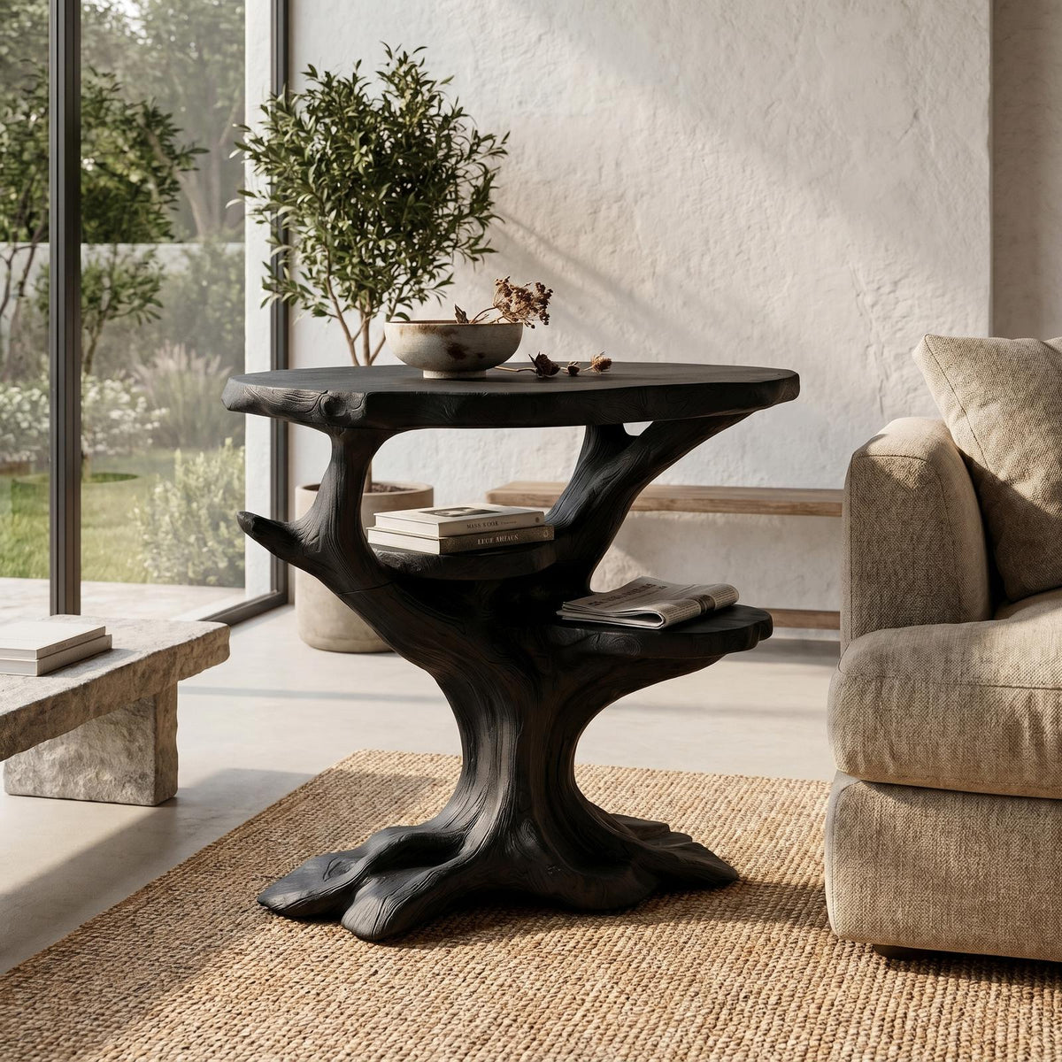 Organic Sculptural Side Table, Solid Wood Display End Table & Nightstand for Living Room and Bedroom