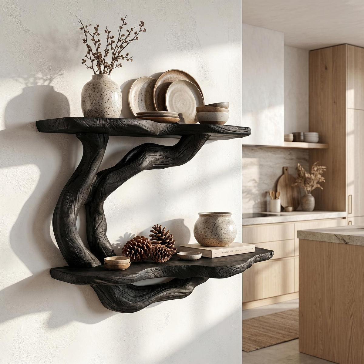 Handcrafted Floating Shelf With Sculptural Tree Form For Living Room Decor