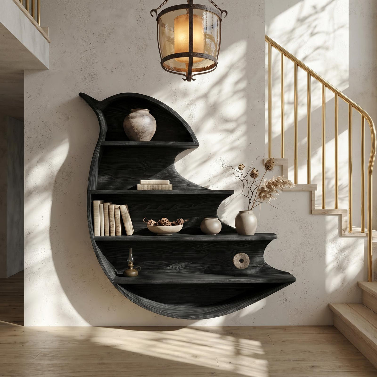 Artistic Wave Bookcase With Wall Mounted Display Storage For Entryway SINLHABS047