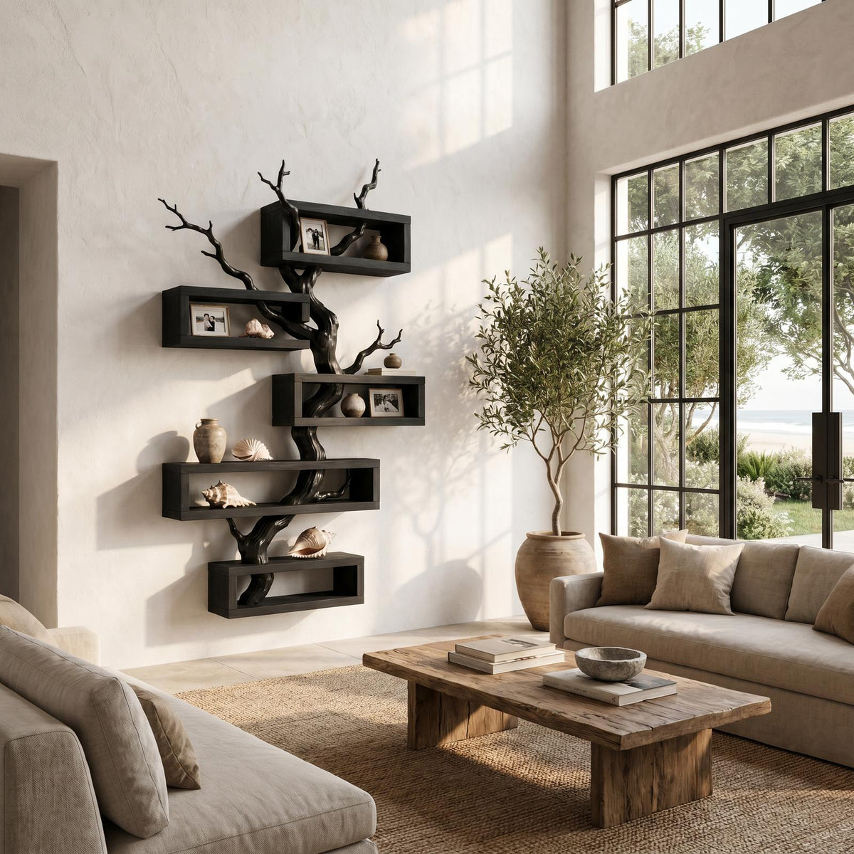 Modern Tree Branch Display Shelf With Floating Shelves For Home