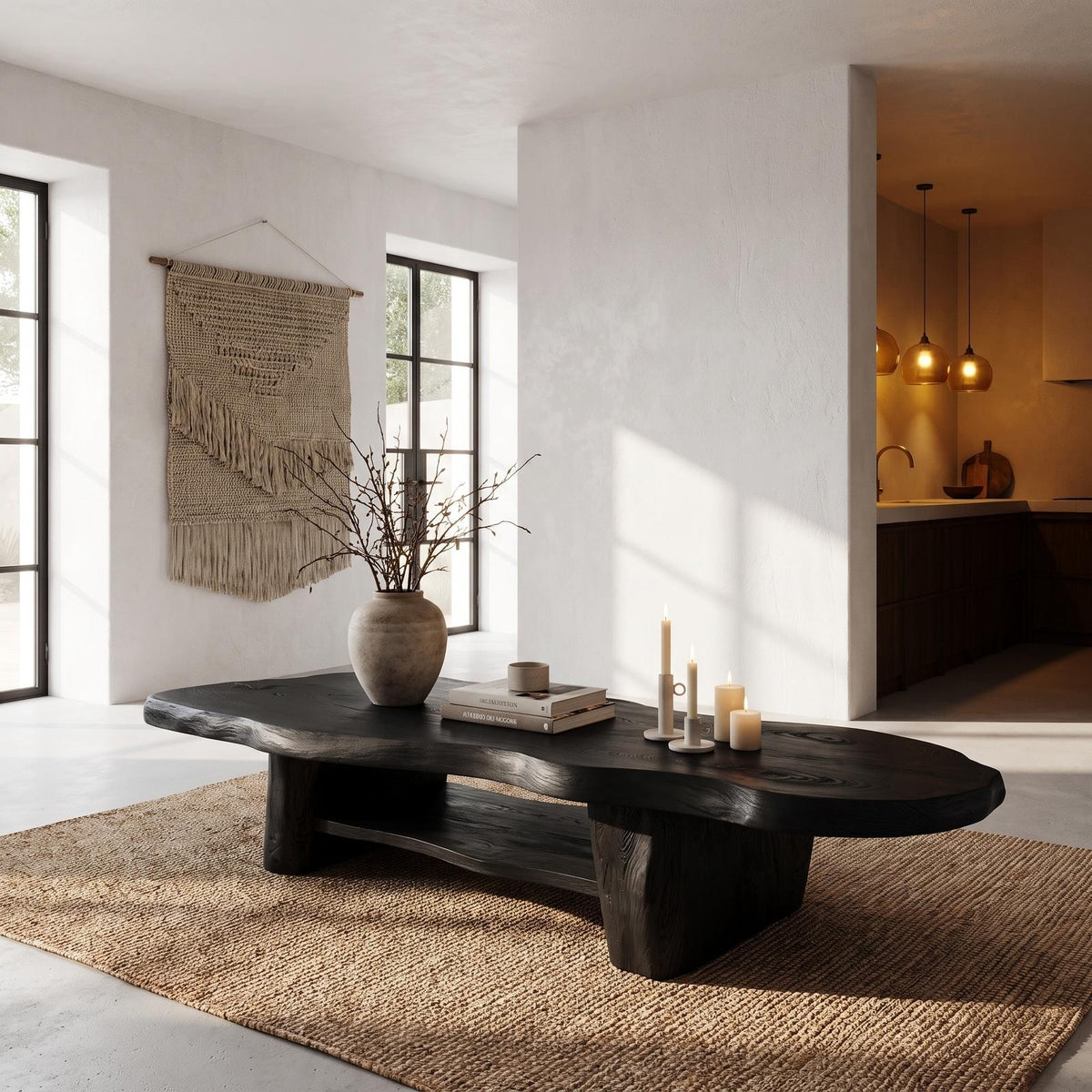 Nature Inspired Coffee Table With Sculptural Wood Base For Living Room