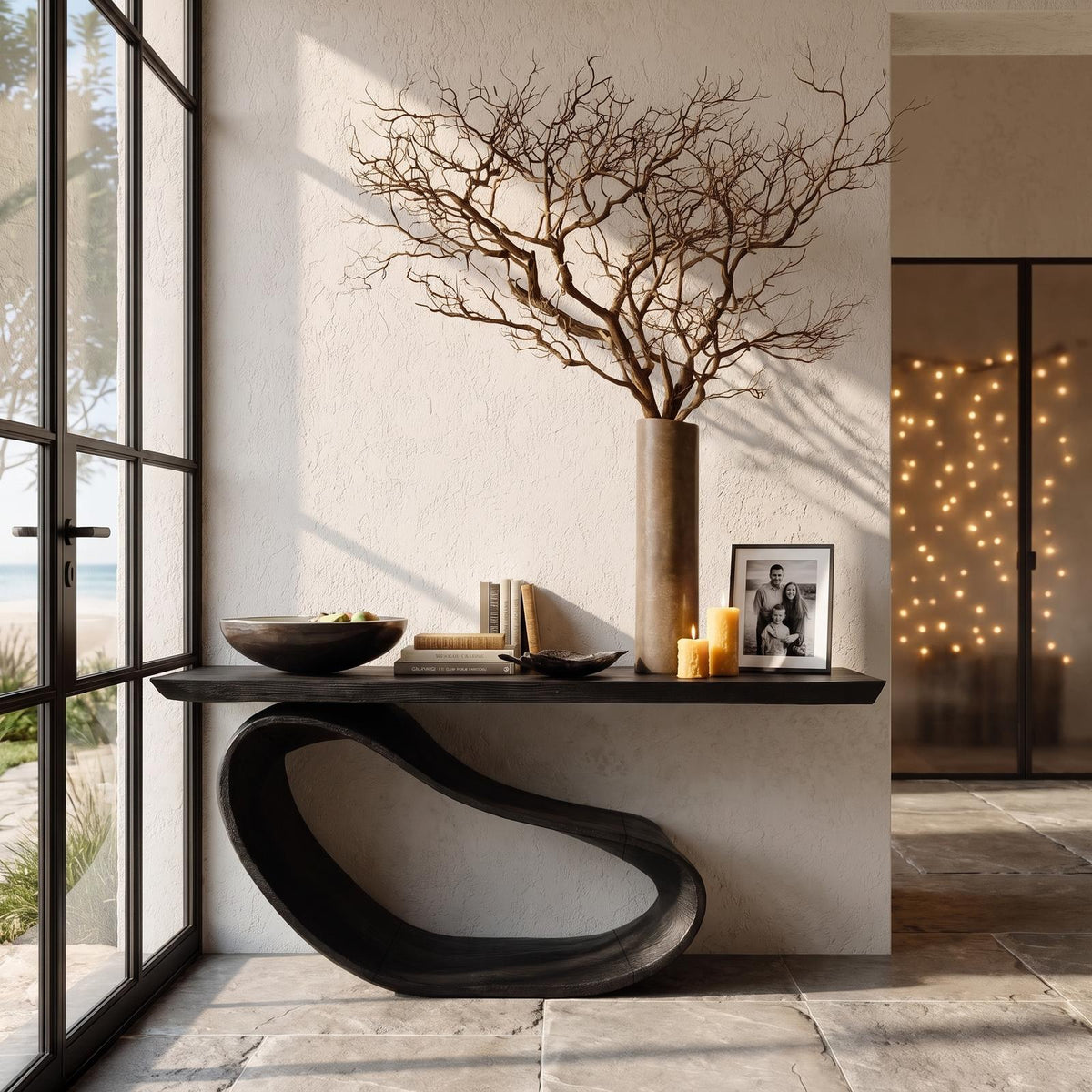 Minimalist Console Table With Sculptural Wood Base For Entryway
