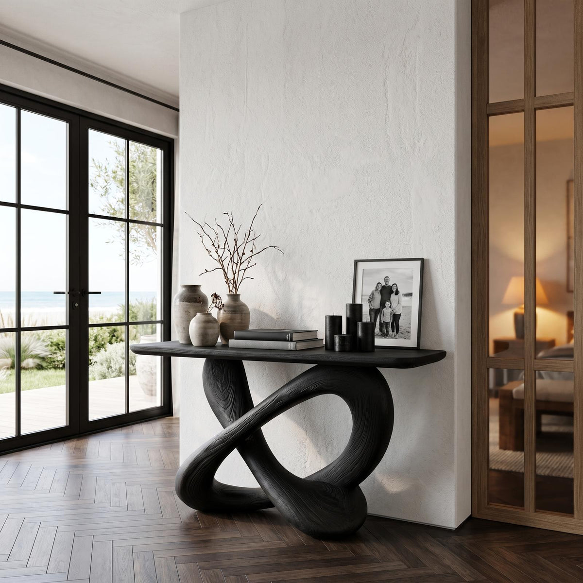 Modern Console Table With Twisted Ribbon Wood Base For Entryway