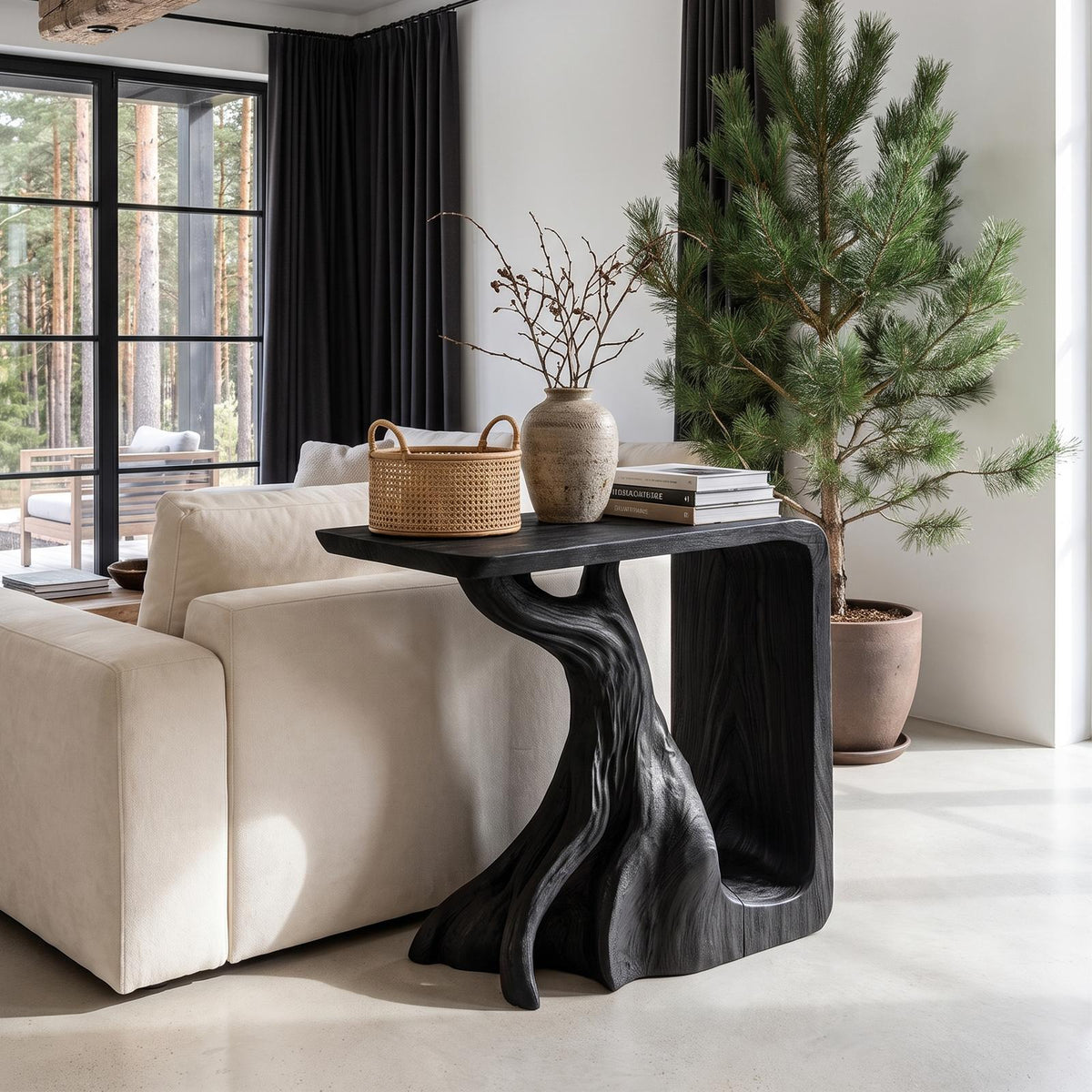 Rustic Sculptural Bedside Table With Root Inspired Base For Living Room