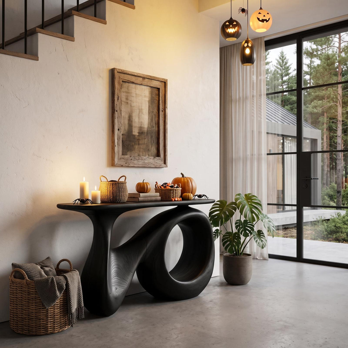 Natural Halloween Hallway Table With Carved Gothic Arch Frame For Foyer