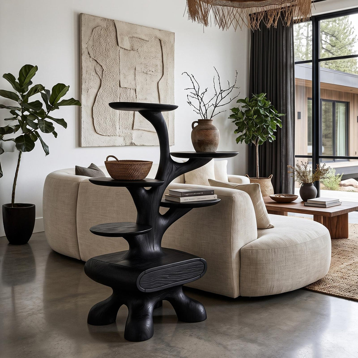 Rustic Tree Side Table With Tiered Display Shelves For Living Room