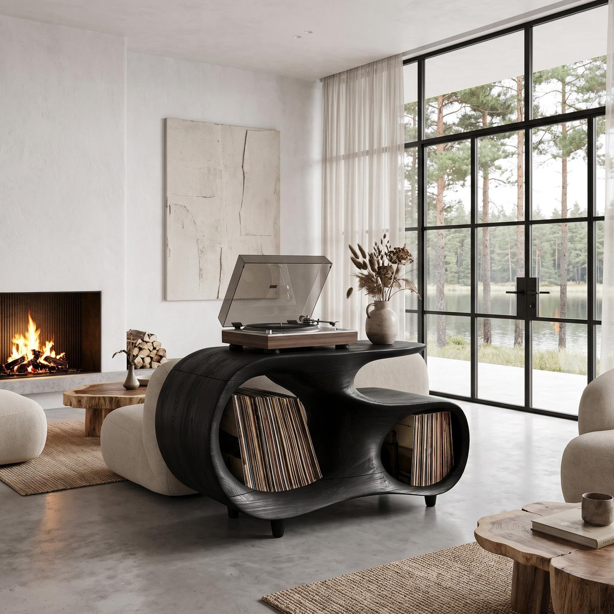 Contemporary Turntable Stand With Flowing Open Frame Design For Entryway