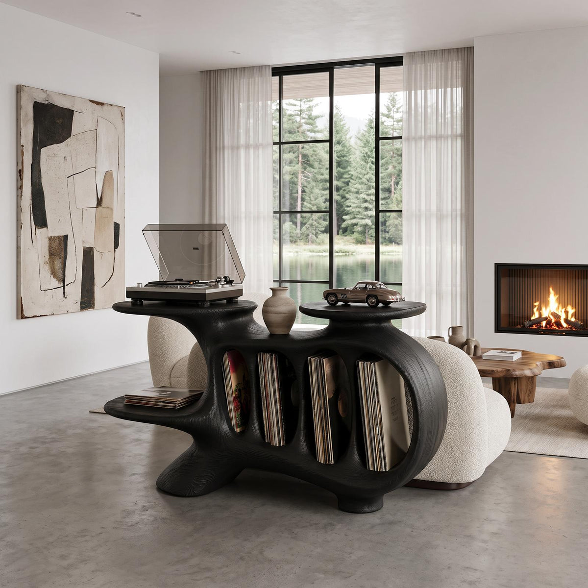 Natural Turntable Console With Sculptural Display Sections For Living Room