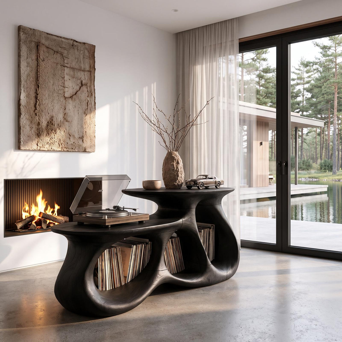 Contemporary Vinyl Record Cabinet With Interlocking Curved Forms For Living Room