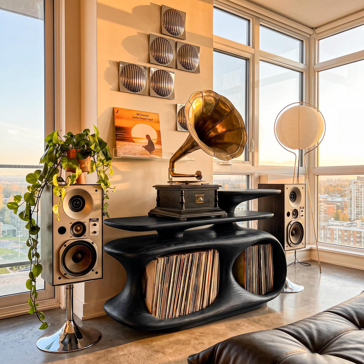 Mid Century Record Cabinet With Bold Circular Openings For Living Room