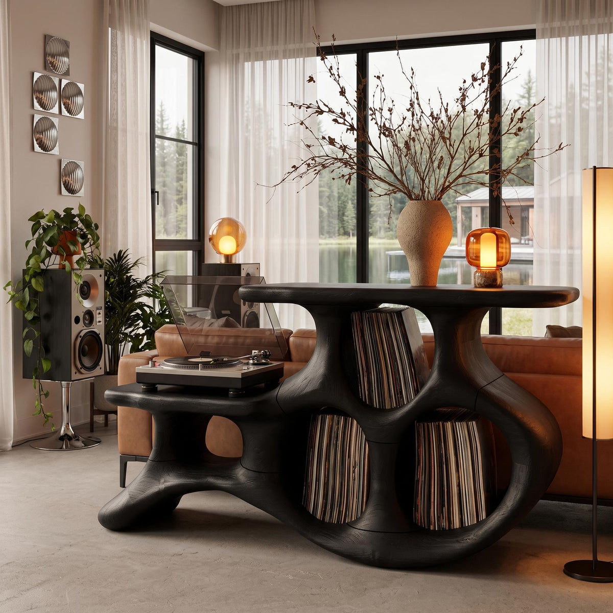 Organic Turntable Cabinet With Abstract Rounded Frame For Living Room