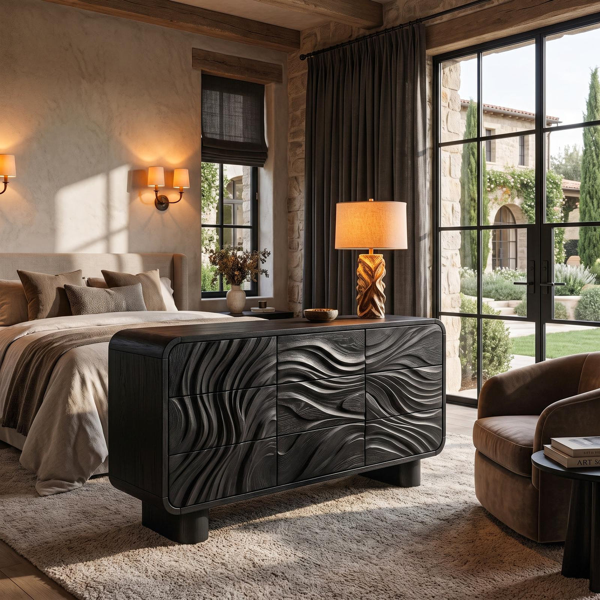 Contemporary Bedroom Dresser Drawers With Sculpted Wave Pattern And Curved Corners For Bedroom