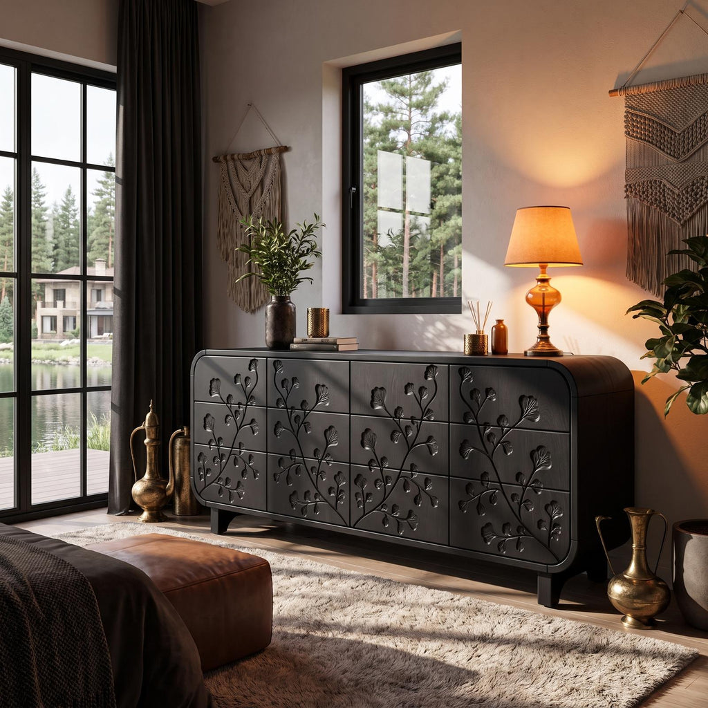 Minimalist All Wood Dresser With Subtle Leaf Carving And Soft Rounded Frame For Bedroom